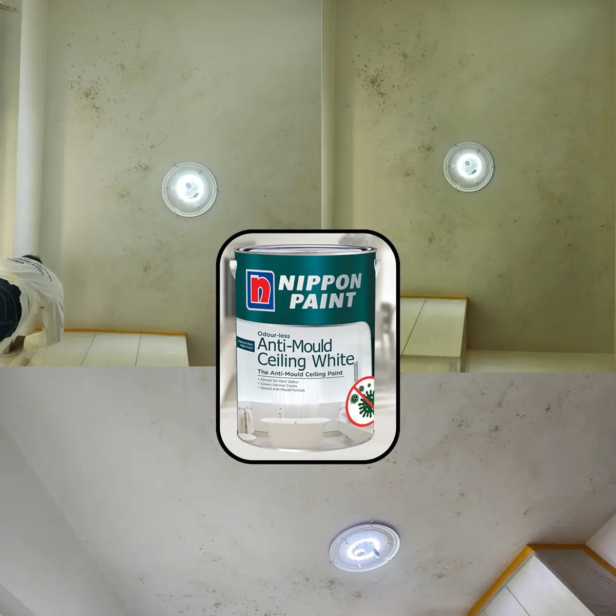 Mould-stained HDB toilet ceilings and the Nippon Odour-less Anti-Mould Ceiling White we finish them in