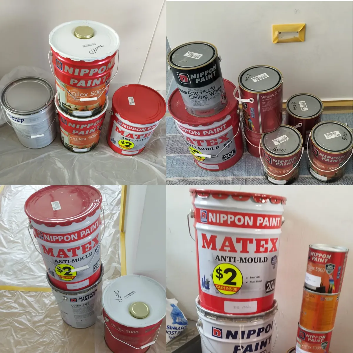 Nippon Matex, Vinilex 5000, Vinilex 5170 sealer and Anti-Mould Ceiling White tins on a Singapore job site