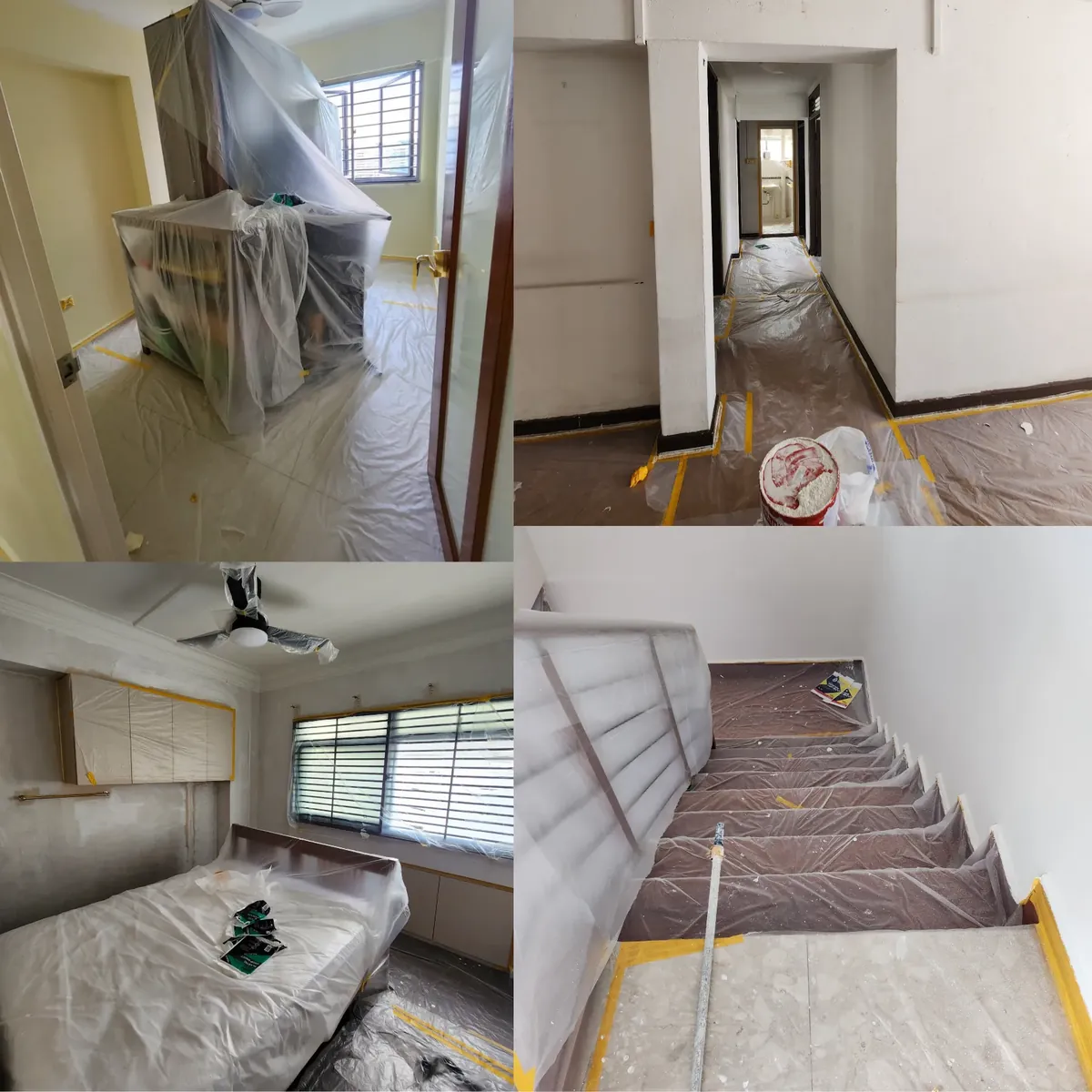 Cabinets, wardrobes, floors and a staircase sheeted and taped before painting in a Singapore HDB flat