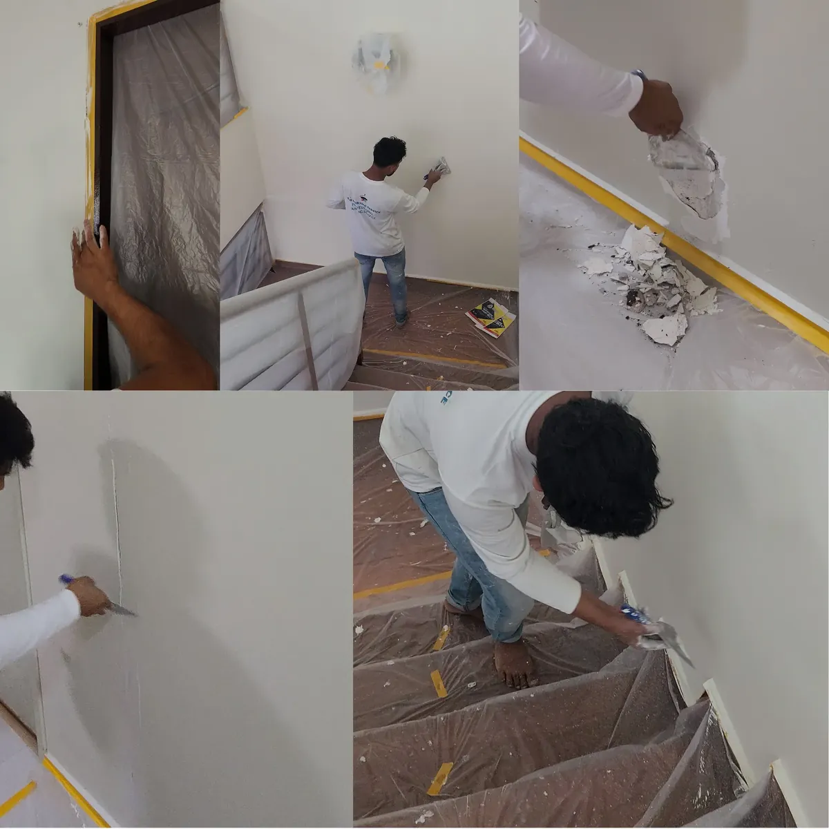Eco Painting Service painters masking a door frame, removing loose plaster and skim-coating a wall
